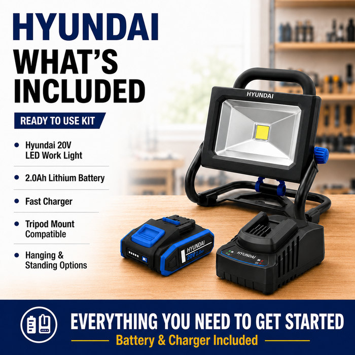 Hyundai 20V Portable LED Work Light Kit – 1600 Lumen Flood Light + 2.0Ah Battery & Fast Charger - DIY, Garage, 4WD & Camping Essential