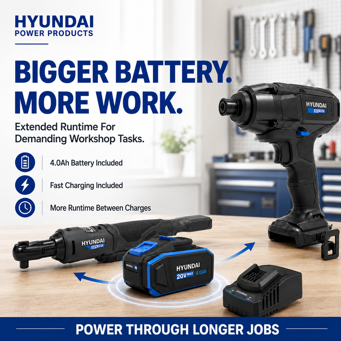 Hyundai 20V Fastening & Assembly Kit - Impact Driver & Ratchet Wrench + 4Amp Battery and Charger - Automotive Fastening Kit