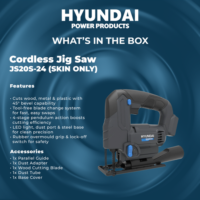 Hyundai 20V Cordless Jig Saw – Variable Speed, Tool-Free Blade, 45° Bevel, Dust Adapter - SKIN ONLY (JS20S-24)