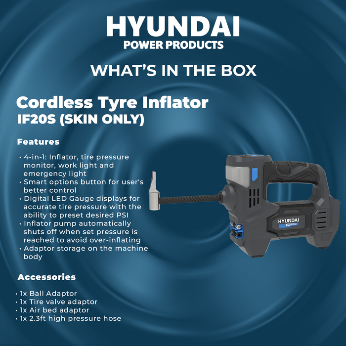 Hyundai 20V Cordless Tyre Inflator – Digital PSI Gauge, Auto Shutoff, Work Light & Emergency Beacon – SKIN ONLY (IF20S)