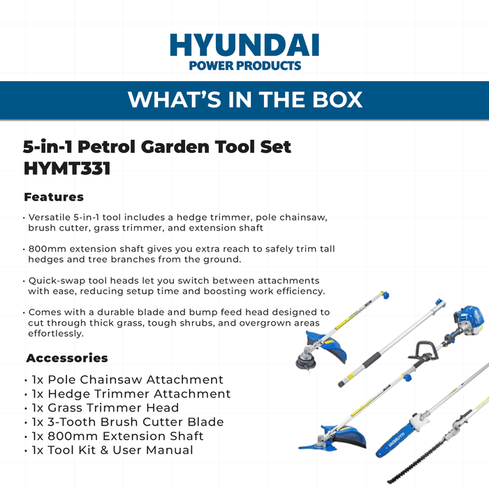 Hyundai 33cc 5-in-1 Petrol Garden Tool Set – Hedge Trimmer, Chainsaw, Brush Cutter & More (HYMT331)