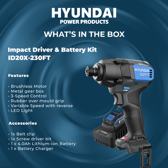 Hyundai 20V Brushless Impact Driver Kit – 230Nm, 3-Speed, LED, 4Ah Battery & Charger (ID20X-230FT)