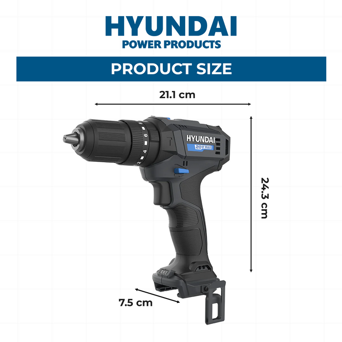 Hyundai 20V Cordless Hammer Drill – 2-Speed, 50Nm Torque, LED - SKIN ONLY (HD20S-50)