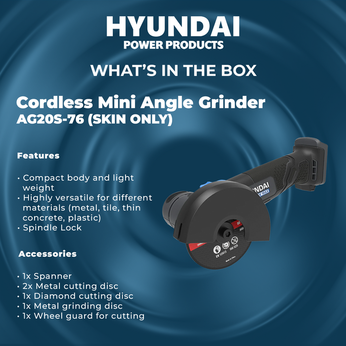 Hyundai 20V Mini Angle Grinder – 19500rpm, 76mm Disc, Tool-Free Guard - SKIN ONLY (AG20S-76)