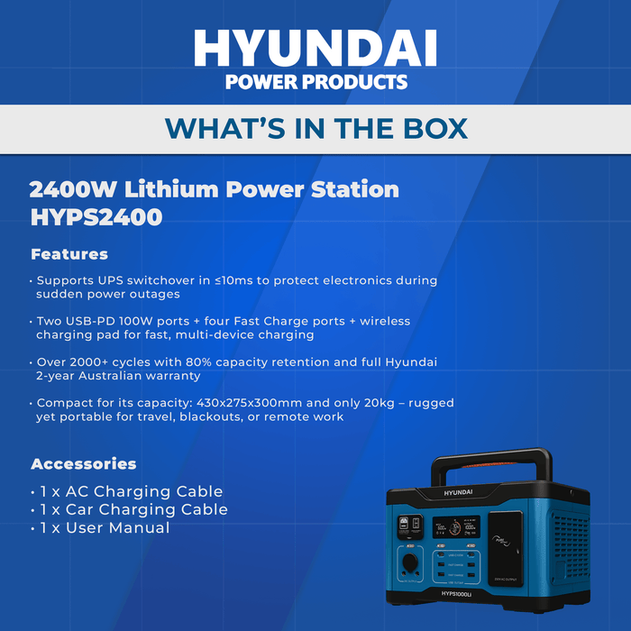 Hyundai 2400W Lithium Power Station – 2150Wh, LiFePO4, Solar/Car/USB Charging (HYPS2400)