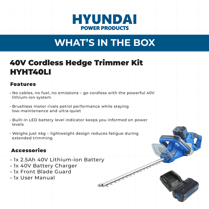 Hyundai 40V Cordless Hedge Trimmer Kit – 520mm Blade, Battery & Charger Included (HYHT40LI)
