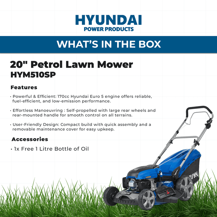 Hyundai 20" Petrol Lawn Mower – Self Propelled, 170cc OHV Engine, Steel Deck, Easy Start, Rear Wheel Drive (HYM510SP)