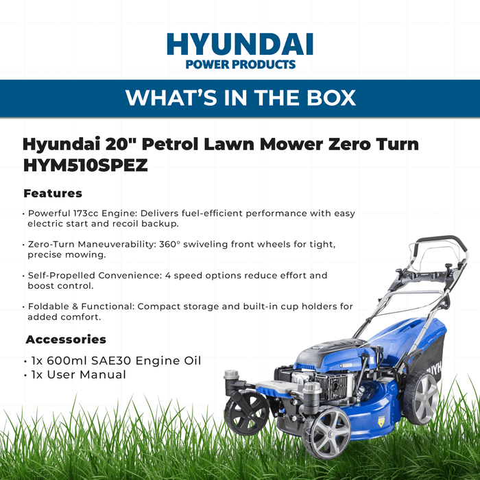 Hyundai 20" Petrol Lawn Mower Zero Turn – Electric Start, Self-Propelled, 173cc Engine, 70L Grass Collector (HYM510SPEZ)
