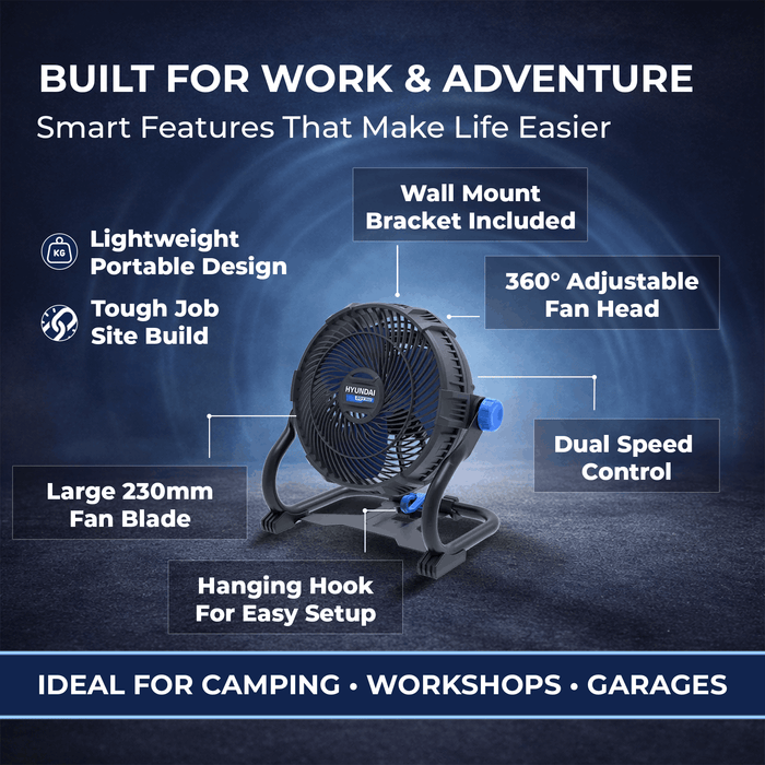 Hyundai 20V Cordless Camping & Job Site Fan – 360° Adjustable Head, Dual Speed, Wall-Mountable – SKIN ONLY (JF20S)