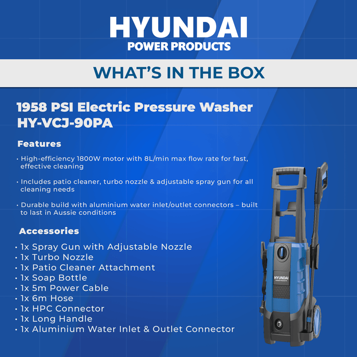 Hyundai 1958 PSI Electric Pressure Washer – 1800W, Patio Cleaner, Turbo Nozzle (HY-VCJ-90PA)
