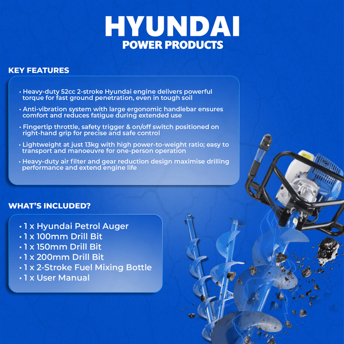 Hyundai 52cc Petrol Earth Auger – 3 Drill Bits, Anti-Vibration Handle, 2-Stroke Engine (HYEA5200X)