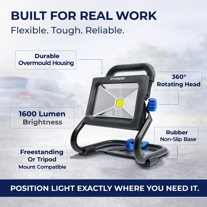Hyundai 20V LED Work Light – 1600 Lumen, 360° Head, Tripod Mountable, 3-Mode Brightness - SKIN ONLY (WL20S-1600)