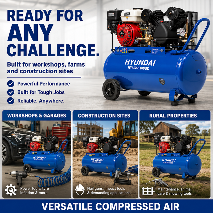 Hyundai 6.5HP Petrol Air Compressor – 100L Tank, 116PSI, Belt Drive, 312L/min, Portable & Heavy-Duty