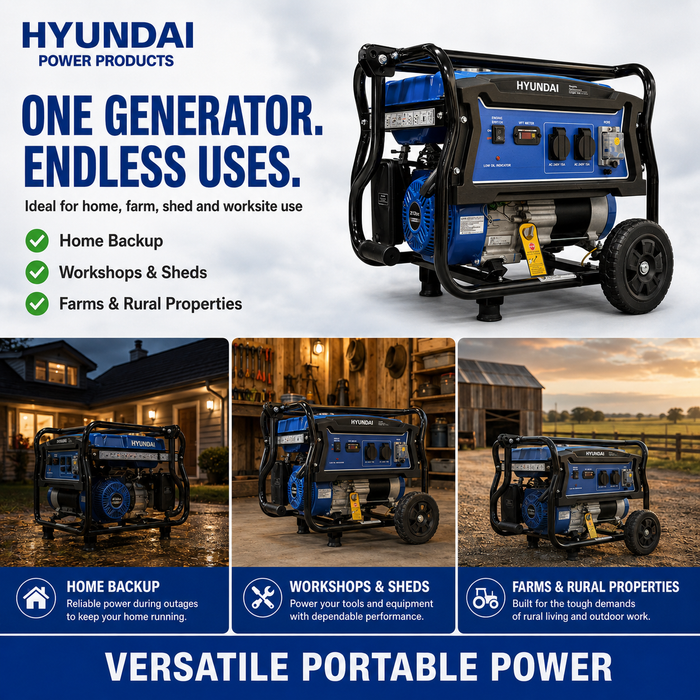 Hyundai 4kVA Portable Petrol Generator - Compact, powerful, dependable for home, jobsite or shed
