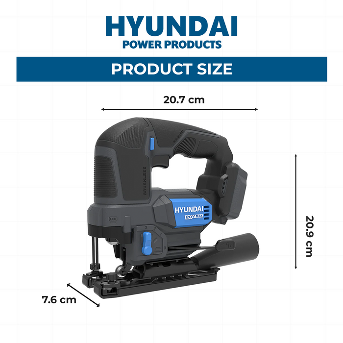 Hyundai 20V Brushless Jig Saw – Adjustable Base, 4-Stage Pendulum, LED, Variable Speed - SKIN ONLY (JS20X-26)