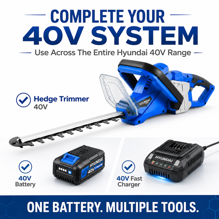 Hyundai 40V Cordless Hedge Trimmer – 520mm Blade, Brushless Motor - Skin Only