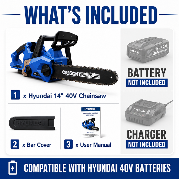 Hyundai 40V Battery Chain Saw - Cordless 14" Oregon Bar - Skin Only