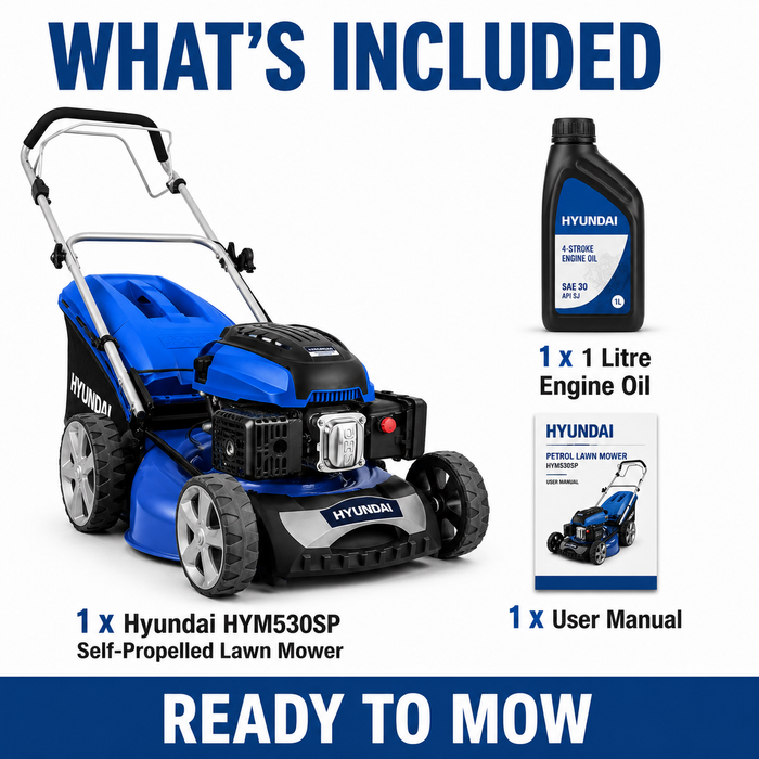 Hyundai 21" Petrol Lawn Mower - Self-Propelled,196cc Engine, Steel Deck, Easy Start, OPC Safety