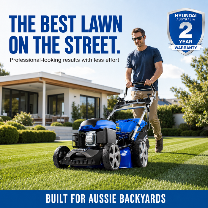 Hyundai 18" Petrol Lawn Mower – Self-Propelled, 139cc, Electric Start, 6 Heights, OPC Safety, Hose Connector
