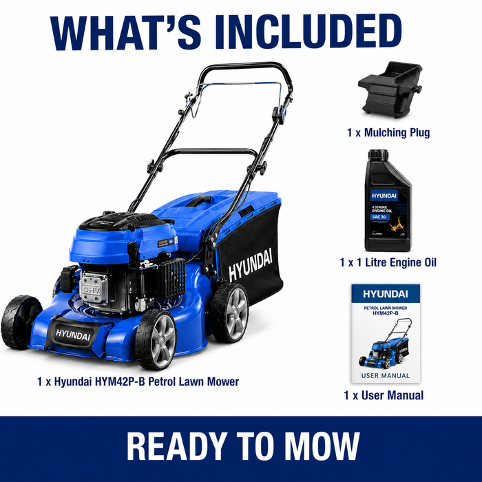 Hyundai 17" Petrol Lawn Mower Push - 145cc Engine, 6 Cutting Heights, Mulching, Compact Foldable Design