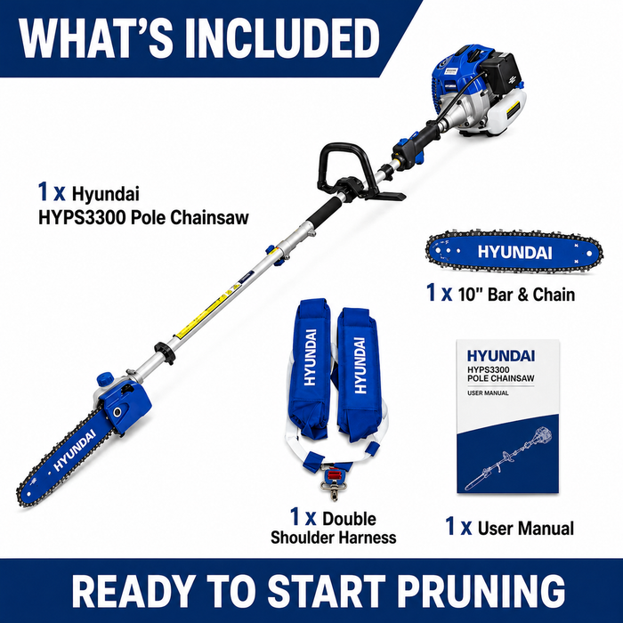Hyundai 33cc Petrol Pole Chain Saw – 10" Bar, Easy Start, Triple Shaft, 2-Stroke Engine