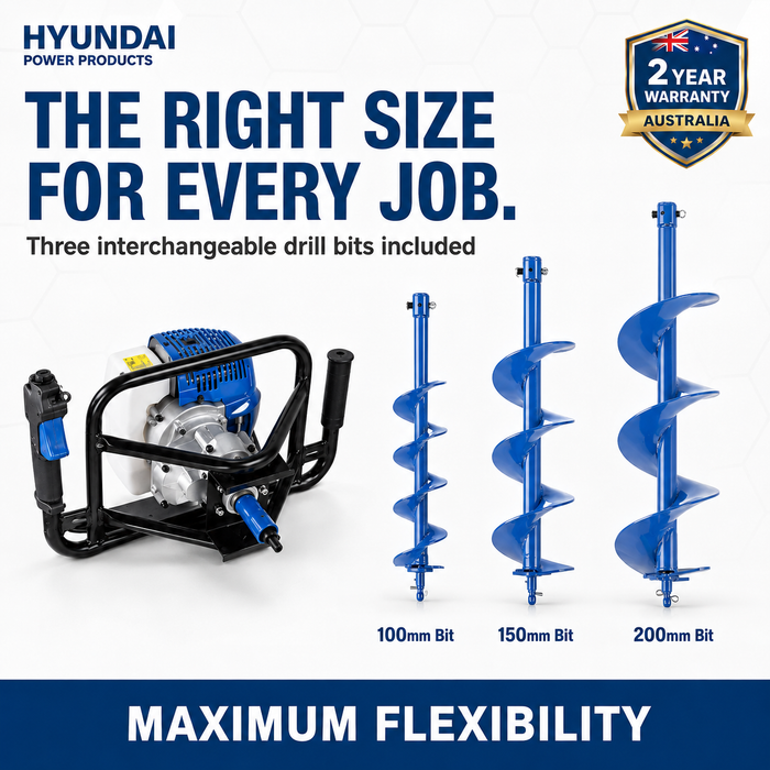 Hyundai 52cc Petrol Earth Auger – 3 Drill Bits, Anti-Vibration Handle, 2-Stroke Engine