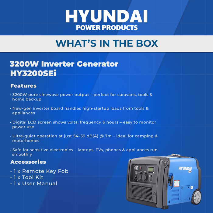 Hyundai 3200W Inverter Generator – Remote Start, Quiet & Portable Power for Camping & Caravans (HY3200SEi)