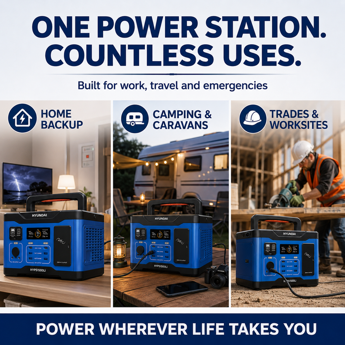 Hyundai 1500W Lithium Power Station – 1152Wh, LiFePO4, Solar/Car/USB Charging