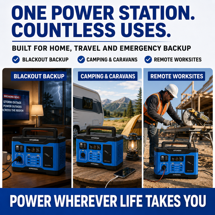 Hyundai 1000W Lithium Power Station – LiFePO4, Solar Input, 921Wh Backup & Outdoor Power