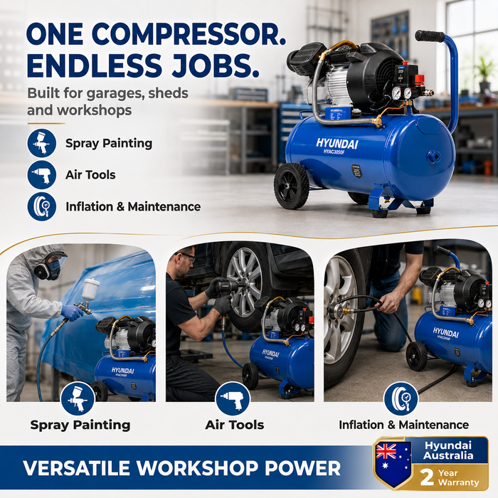 Hyundai 2HP 24L Portable Air Compressor – Direct Drive, Twin Outlet, 7.07CFM, Oil-Lubricated