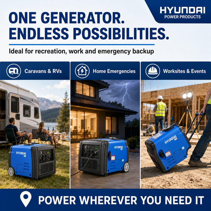 Hyundai 3200W Inverter Generator – Remote Start, Quiet & Portable Power for Camping & Caravans