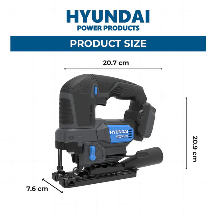 Hyundai 20V Brushless Jig Saw Kit – Adjustable Base, 4-Stage Pendulum, LED, Variable Speed + 20V 2Ah Lithium-Ion Battery & Charger Kit