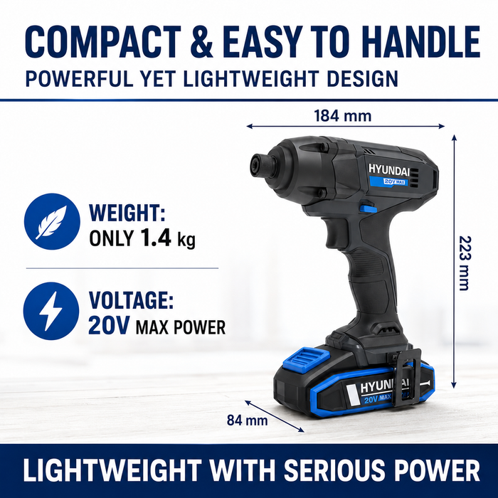 Hyundai 20V Cordless Impact Driver Kit – 180Nm Torque, LED, 2 x 2Ah Battery, 1 x Charger, 1 x Hard Case