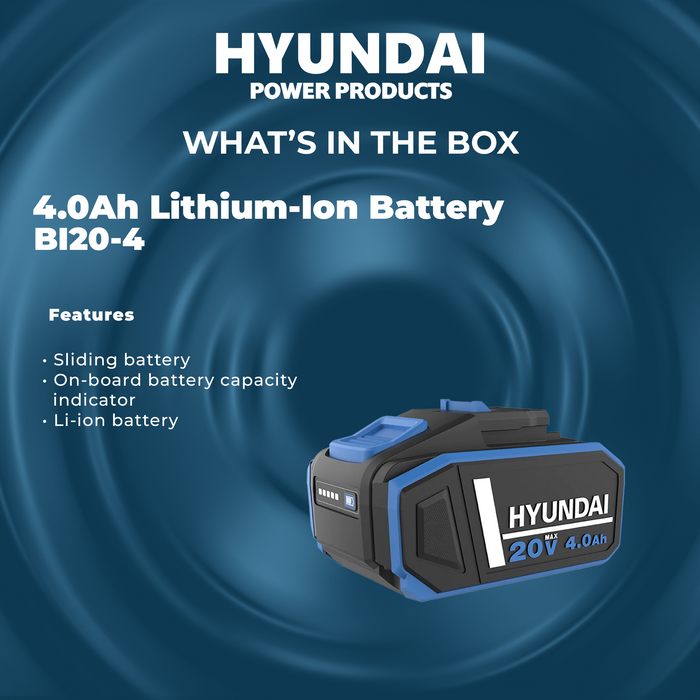 Hyundai 20V 4.0Ah Li-ion Battery – High-Capacity Power Pack for Hyundai Cordless Tools (BI20-4)