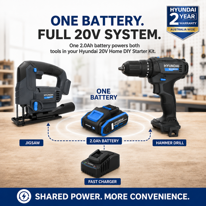 Hyundai 20V Home DIY Starter Kit – Hammer Drill, Jigsaw, 2.0Ah Battery & Fast Charger – Complete Cordless Renovation Kit