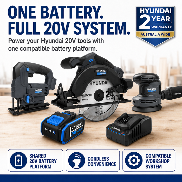 Hyundai 20V Woodworking Kit – Circular Saw, Jigsaw, Orbital Sander, 4.0Ah Battery & Fast Charger – Complete Cordless Carpentry Kit