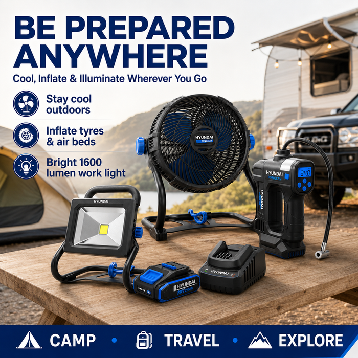 Hyundai 20V Outdoor Power Kit – Fan, LED Work Light, Tyre Inflator, 2.0Ah Battery & Fast Charger – Portable Outdoor Power Kit