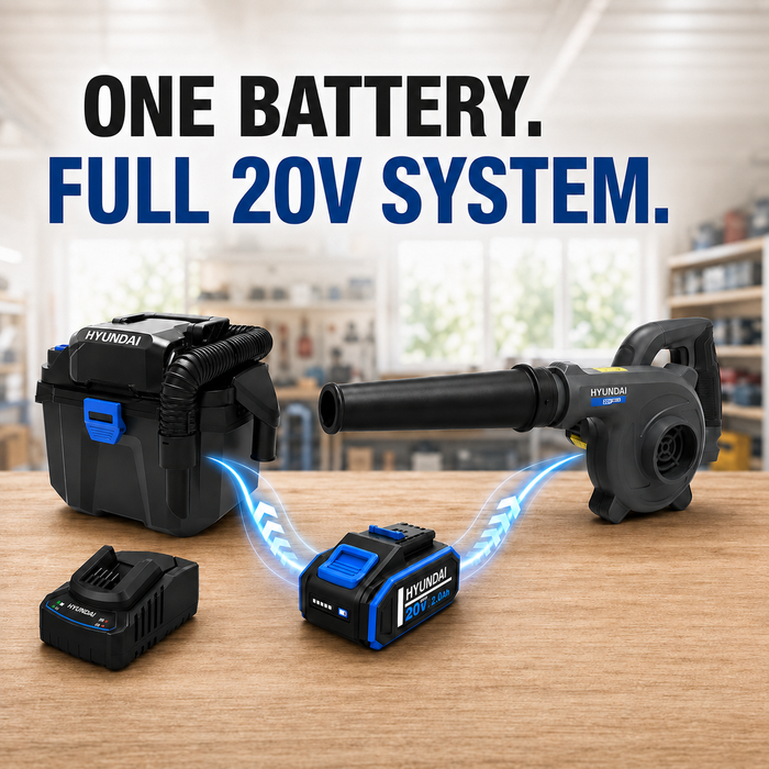 Hyundai 20V Outdoor Cleaning Kit – Workshop Blower, Vacuum, 2.0Ah Battery & Fast Charger – Cordless Garage & Workshop Cleaning Kit