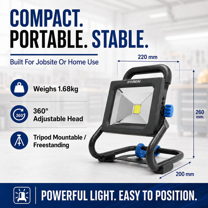 Hyundai 20V LED Work Light – 1600 Lumen, 360° Head, Tripod Mountable, 3-Mode Brightness - Skin Only