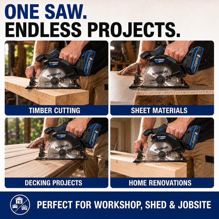 Hyundai 20V Cordless Circular Saw – 165mm Blade, Bevel Cuts, Dust Port – Skin Only