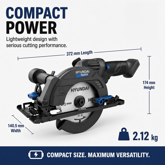 Hyundai 20V Brushless Mini Circular Saw Kit – 120mm Blade, 41mm Cut Depth + 20V 2Ah Lithium-Ion Battery & Charger Kit