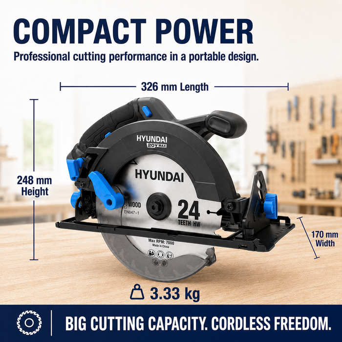 Hyundai 20V Brushless Circular Saw – 190mm Blade, 67.5mm Cut Depth - Skin Only