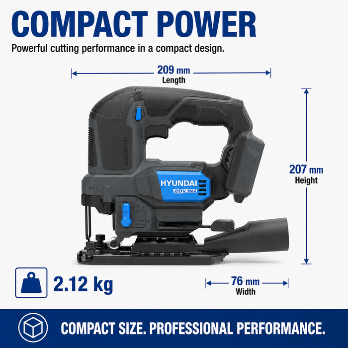 Hyundai 20V Brushless Jig Saw Kit – Adjustable Base, 4-Stage Pendulum, LED, Variable Speed + 20V 2Ah Lithium-Ion Battery & Charger Kit
