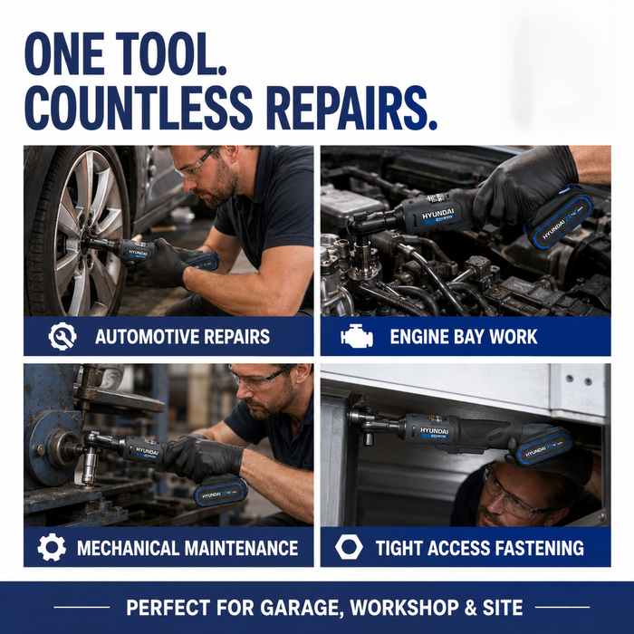 Hyundai 20V Cordless Ratchet Wrench Kit – 47Nm, LED, Compact Head, FWD/REV Switch + 20V 2Ah Lithium-Ion Battery & Charger Kit