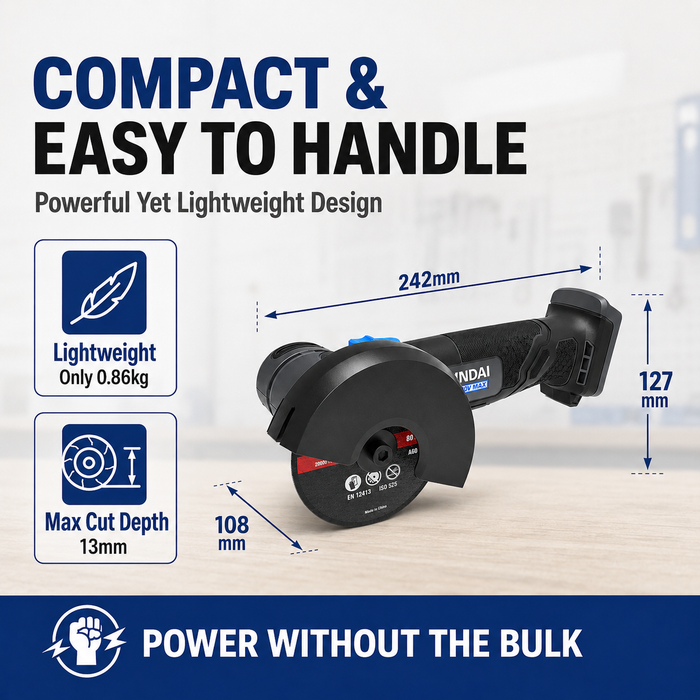 Hyundai 20V Mini Angle Grinder – 19500rpm, 76mm Disc, Tool-Free Guard - Skin Only