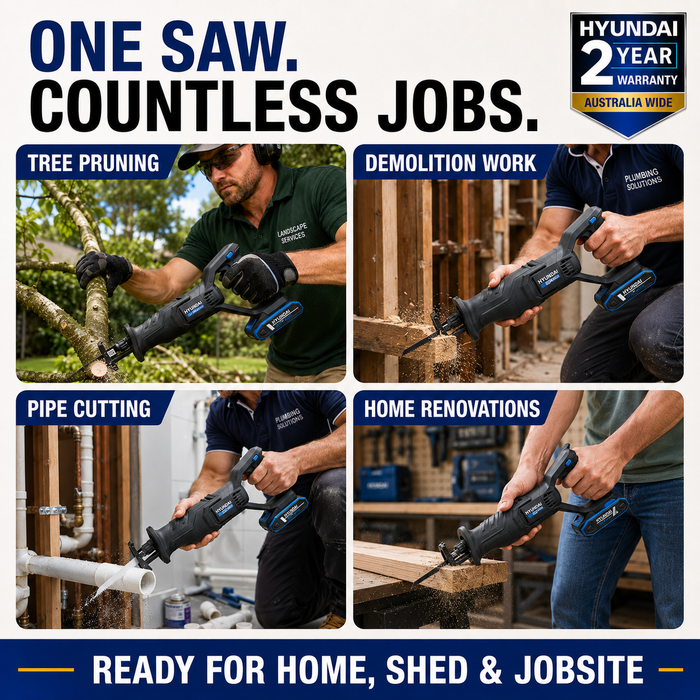 Hyundai 20V Cordless Reciprocating Saw Kit – 100mm Wood Cut, Tool-Free Blade Change, Variable Speed + 20V 2Ah Lithium-Ion Battery & Charger Kit