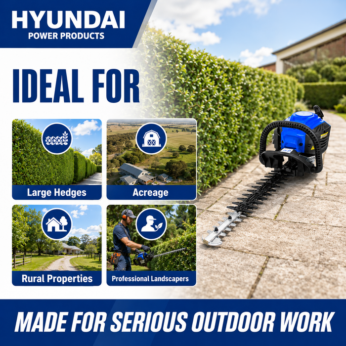 Hyundai 25.4cc Petrol Hedge Trimmer – Double Reciprocating Blade, Rotatable Handle, Easy Start