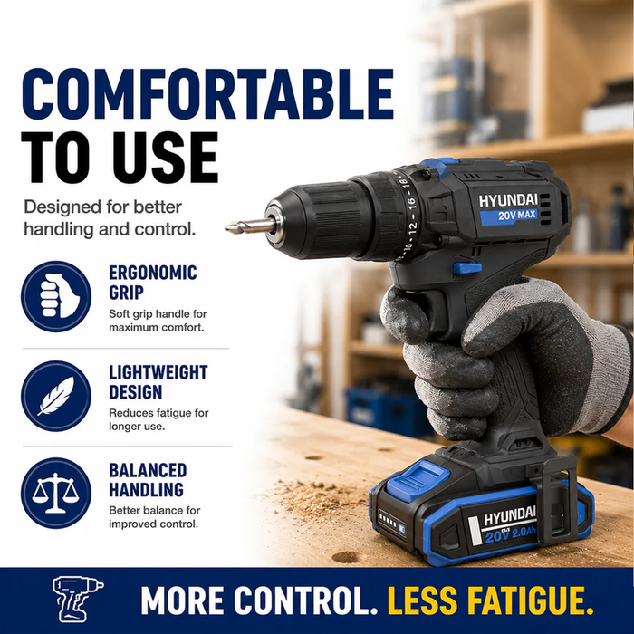 Hyundai 20V 40Nm Cordless Driver Drill, 2Ah Battery and Charger Kit, 2-Speed, LED Light, 13 mm Chuck