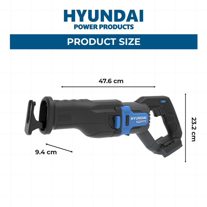 Hyundai 20V Brushless Reciprocating Saw – 300mm Cut, Tool-Free Blade Change - SKIN ONLY (RS20X-29)