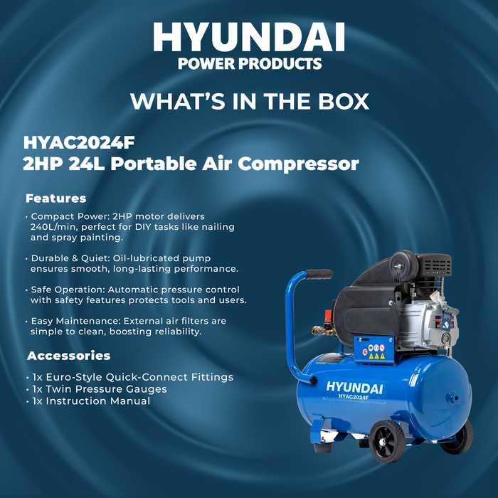 Hyundai 2HP 24L Portable Air Compressor – Direct Drive, Twin Outlet, 7.07CFM, Oil-Lubricated (HYAC2024F)